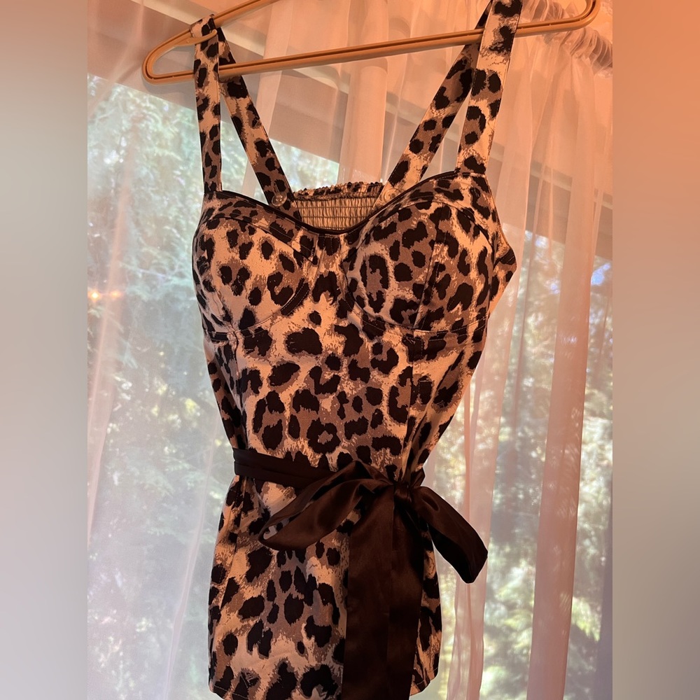 GUESS Leopard Satin Tie Corset Top